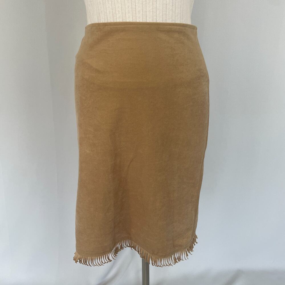 Vintage Pencil Skirt Large Tan Brown Faux Suede Fringe Boho Stretch Minimal 90s
